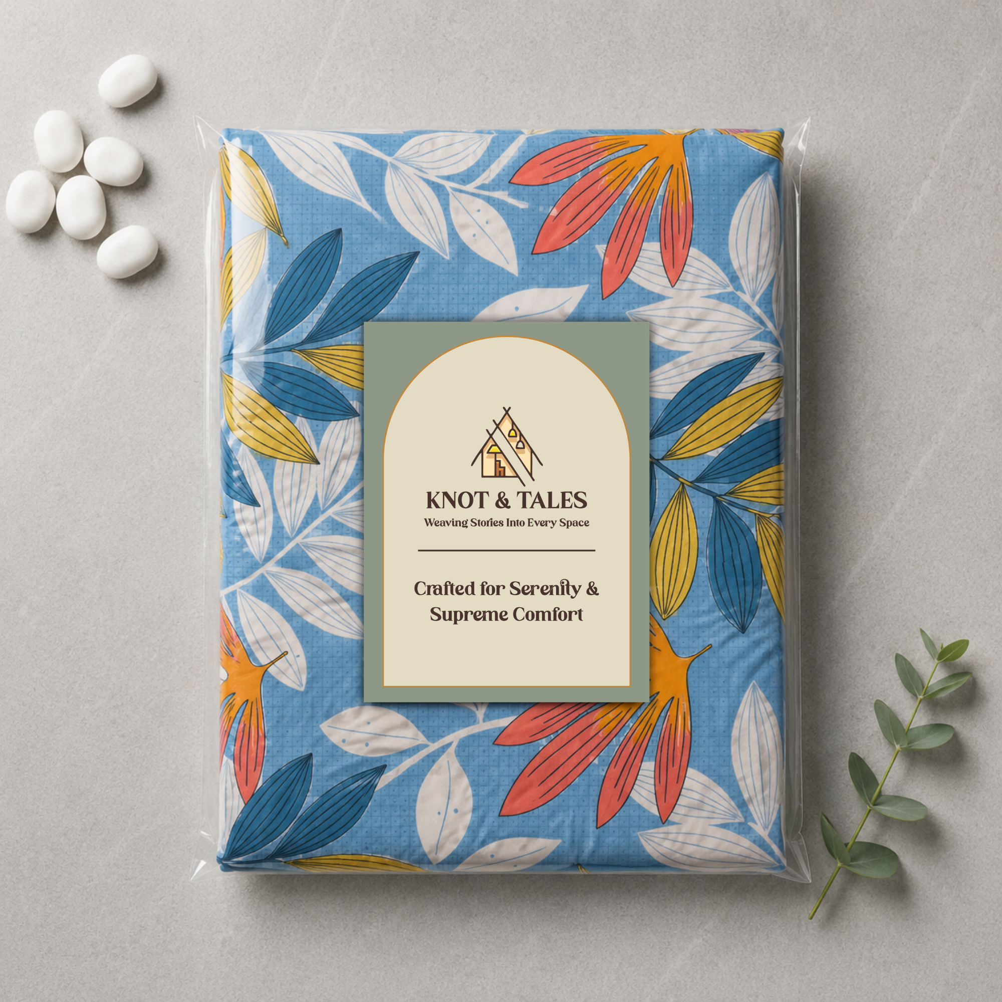 KNOT & TALES Soft Cotton Double Bedsheet Set (90 x 100 Inches) with 2 Pillow Covers (20 x 30 Inches) | Modern Flora Print | Coastal Blue | Soft Breathable Fabric