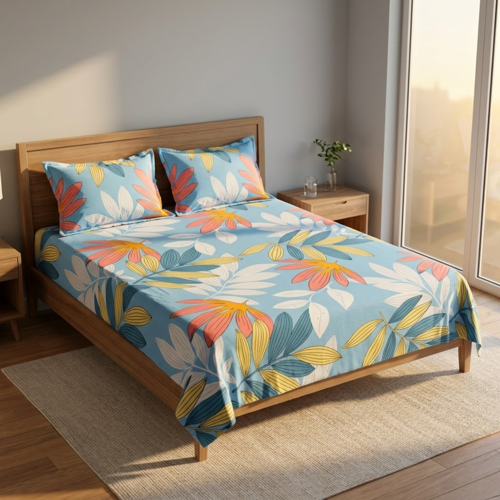 KNOT & TALES Soft Cotton Double Bedsheet Set (90 x 100 Inches) with 2 Pillow Covers (20 x 30 Inches) | Modern Flora Print | Coastal Blue | Soft Breathable Fabric