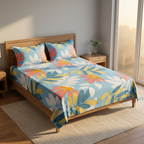 KNOT & TALES Soft Cotton Double Bedsheet Set (90 x 100 Inches) with 2 Pillow Covers (20 x 30 Inches) | Modern Flora Print | Coastal Blue | Soft Breathable Fabric
