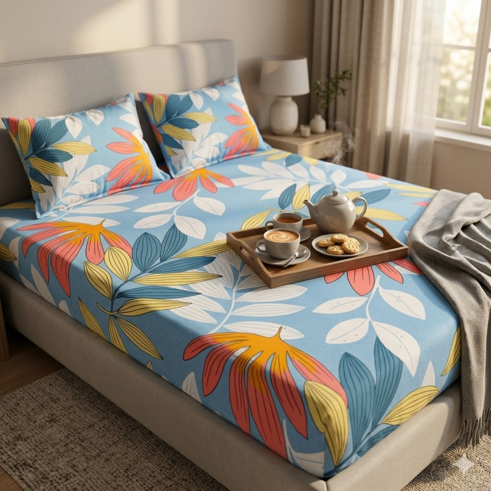 KNOT & TALES Soft Cotton Double Bedsheet Set (90 x 100 Inches) with 2 Pillow Covers (20 x 30 Inches) | Modern Flora Print | Coastal Blue | Soft Breathable Fabric