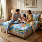 KNOT & TALES Soft Cotton Double Bedsheet Set (90 x 100 Inches) with 2 Pillow Covers (20 x 30 Inches) | Modern Flora Print | Coastal Blue | Soft Breathable Fabric