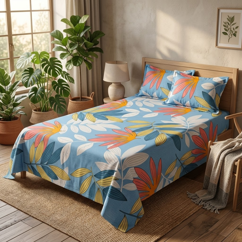 KNOT & TALES Soft Cotton Double Bedsheet Set (90 x 100 Inches) with 2 Pillow Covers (20 x 30 Inches) | Modern Flora Print | Coastal Blue | Soft Breathable Fabric