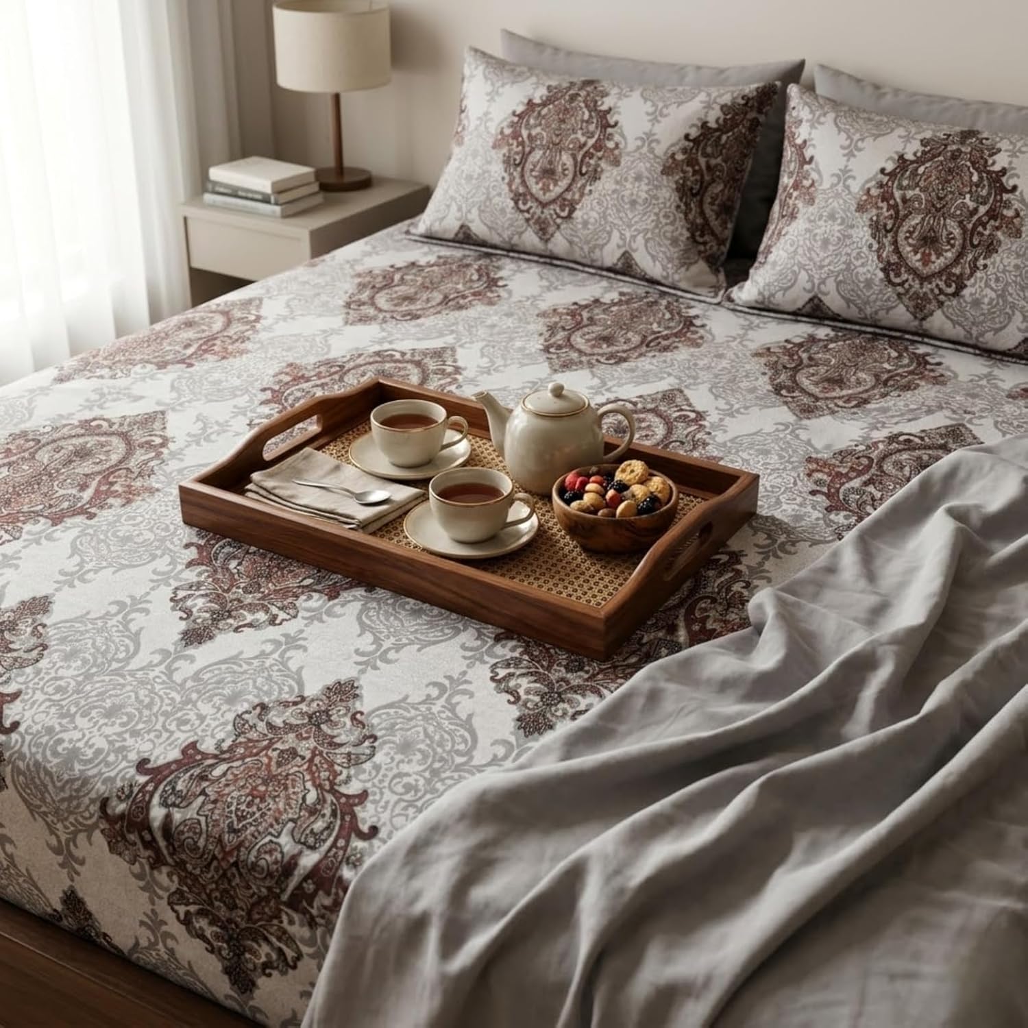 Knot & Tales 100% Pure Cotton Double Bedsheet (90x100 Inch) with 2 Pillow Covers (20x30 Inch) – Soft Breathable Printed Bed Sheet, Sandstone Damask Design
