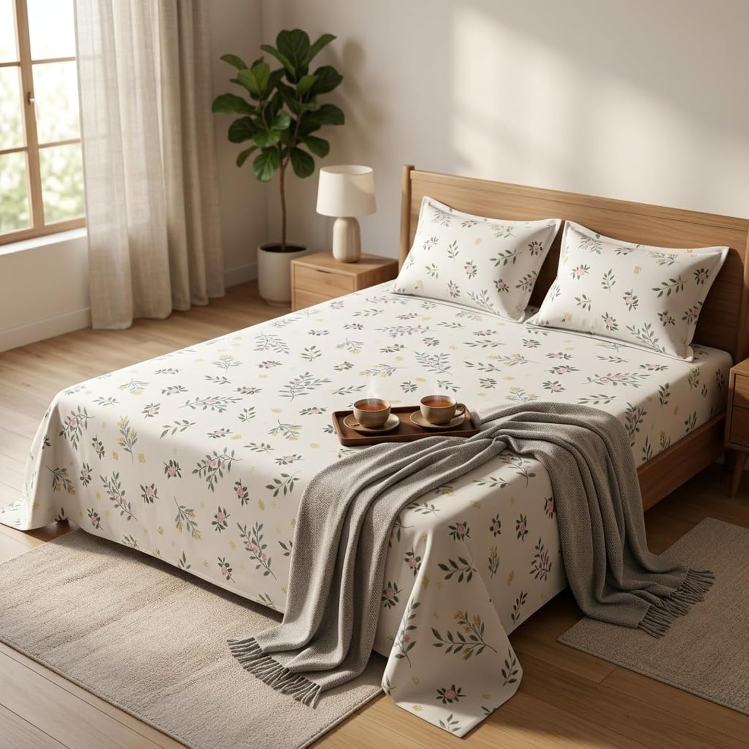 KNOT & TALES Double Bedsheet Set (90 x 100 Inches) with 2 Pillow Covers (20 x 30 Inches) | Garden Harmony Pattern | Snow Blossom Floral Printed Bedsheet | Soft Breathable Fabric