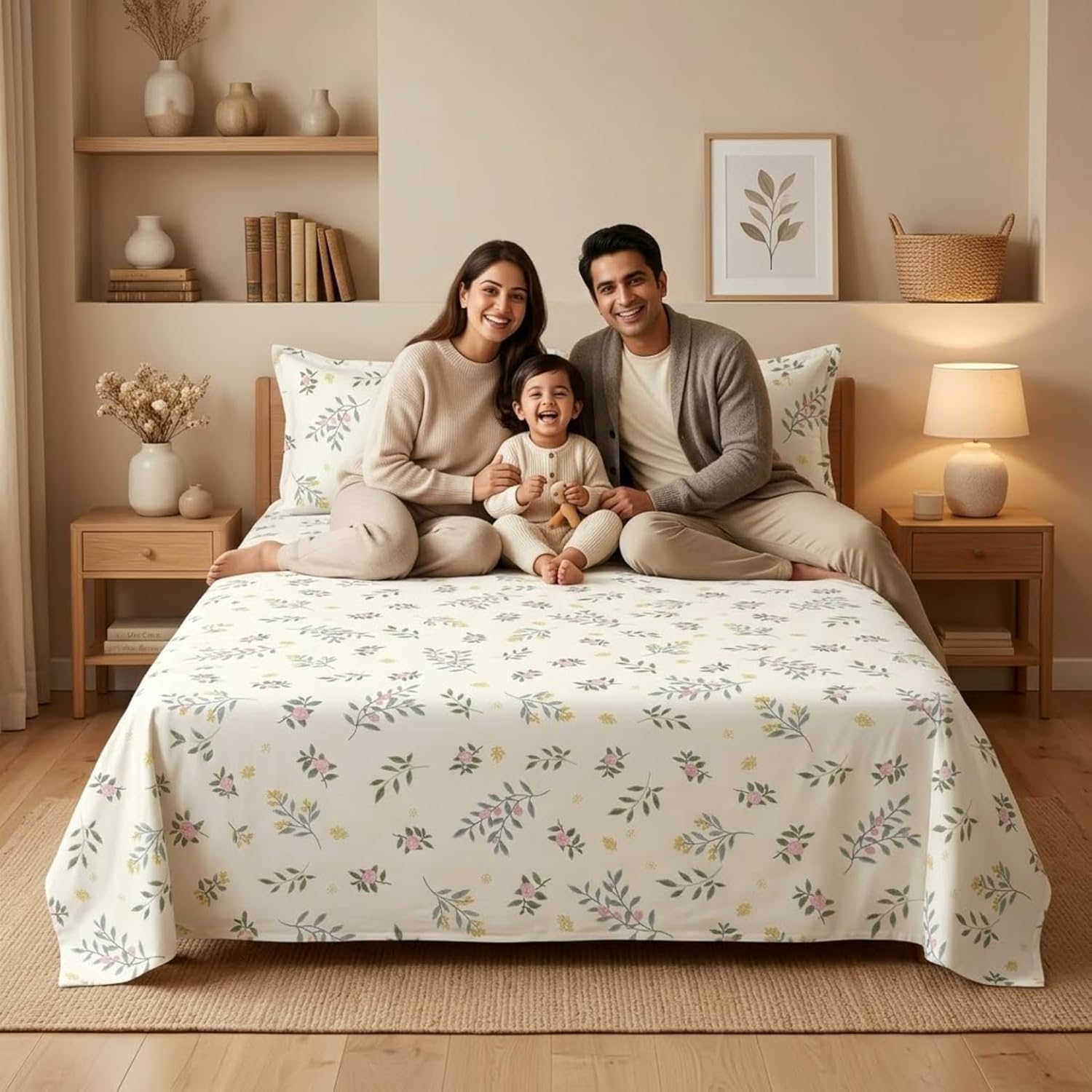 KNOT & TALES Double Bedsheet Set (90 x 100 Inches) with 2 Pillow Covers (20 x 30 Inches) | Garden Harmony Pattern | Snow Blossom Floral Printed Bedsheet | Soft Breathable Fabric