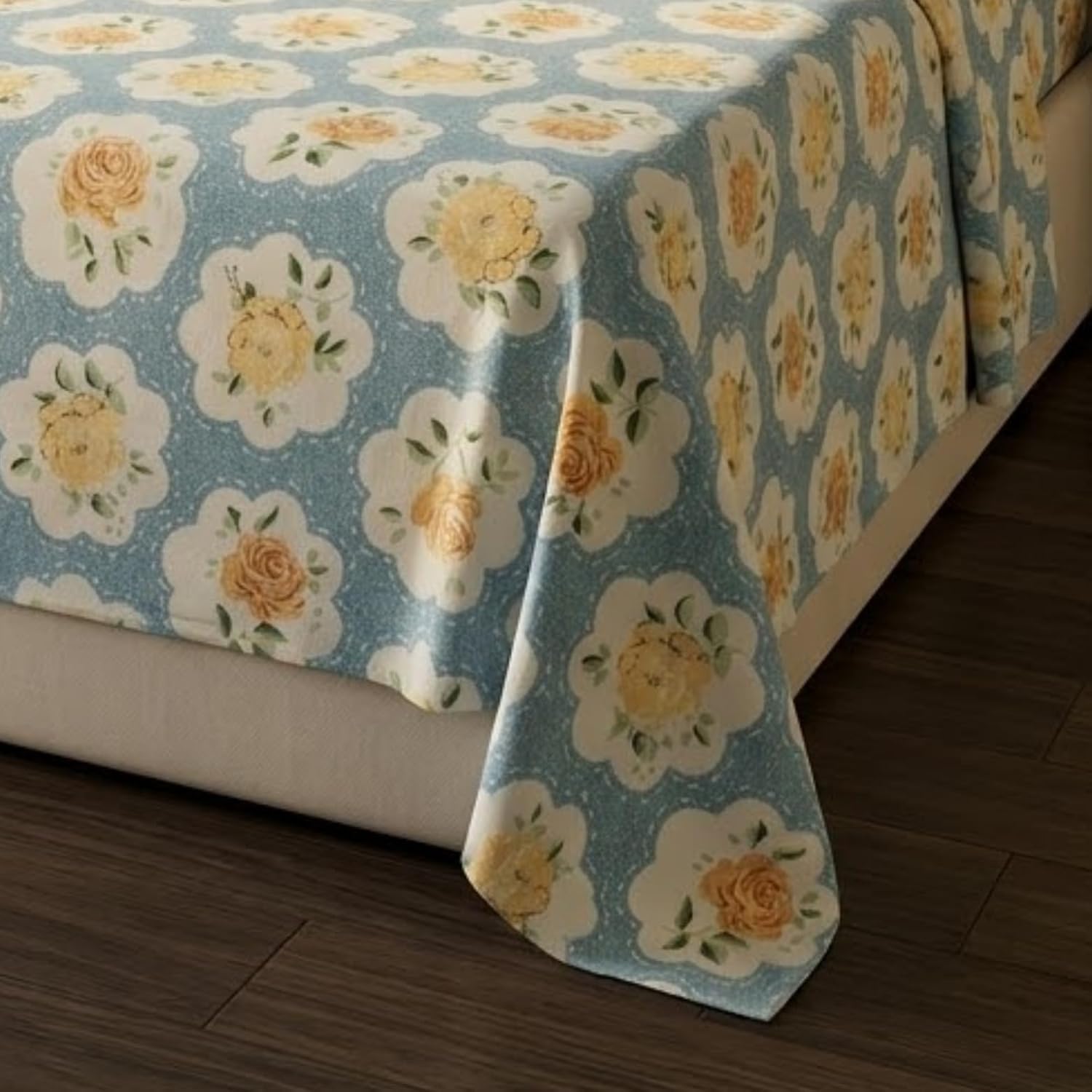 KNOT & TALES 100% Pure Cotton Double Bedsheet King Size (90 x 100 Inch) with 2 Pillow Covers (20 x 30 Inch) | Soft Breathable Fabric | Vintage Floral Print | Powder Blue Ivory