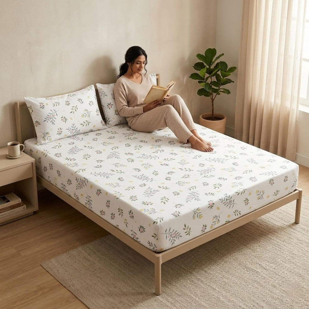 KNOT & TALES Double Bedsheet Set (90 x 100 Inches) with 2 Pillow Covers (20 x 30 Inches) | Garden Harmony Pattern | Snow Blossom Floral Printed Bedsheet | Soft Breathable Fabric