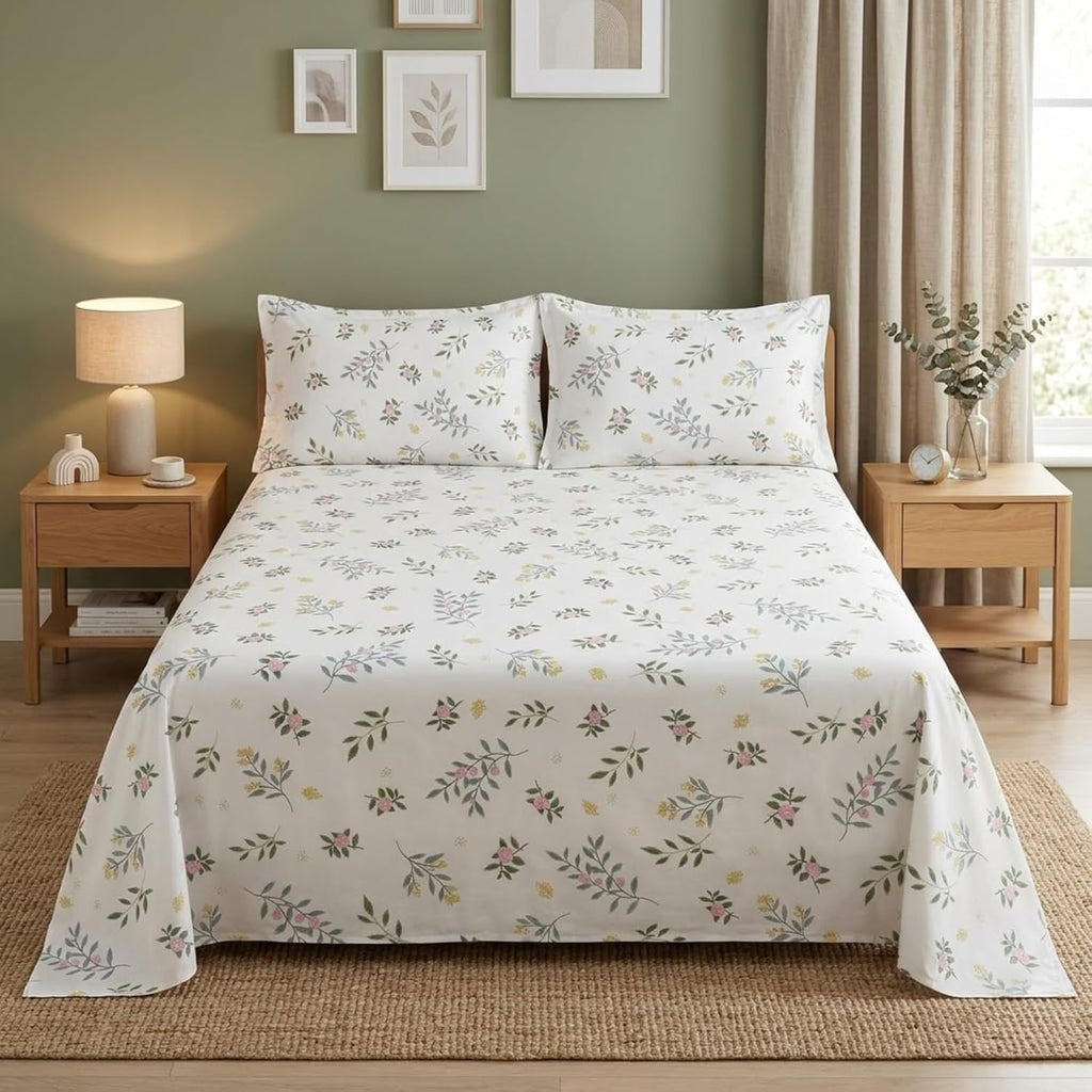 KNOT & TALES Double Bedsheet Set (90 x 100 Inches) with 2 Pillow Covers (20 x 30 Inches) | Garden Harmony Pattern | Snow Blossom Floral Printed Bedsheet | Soft Breathable Fabric