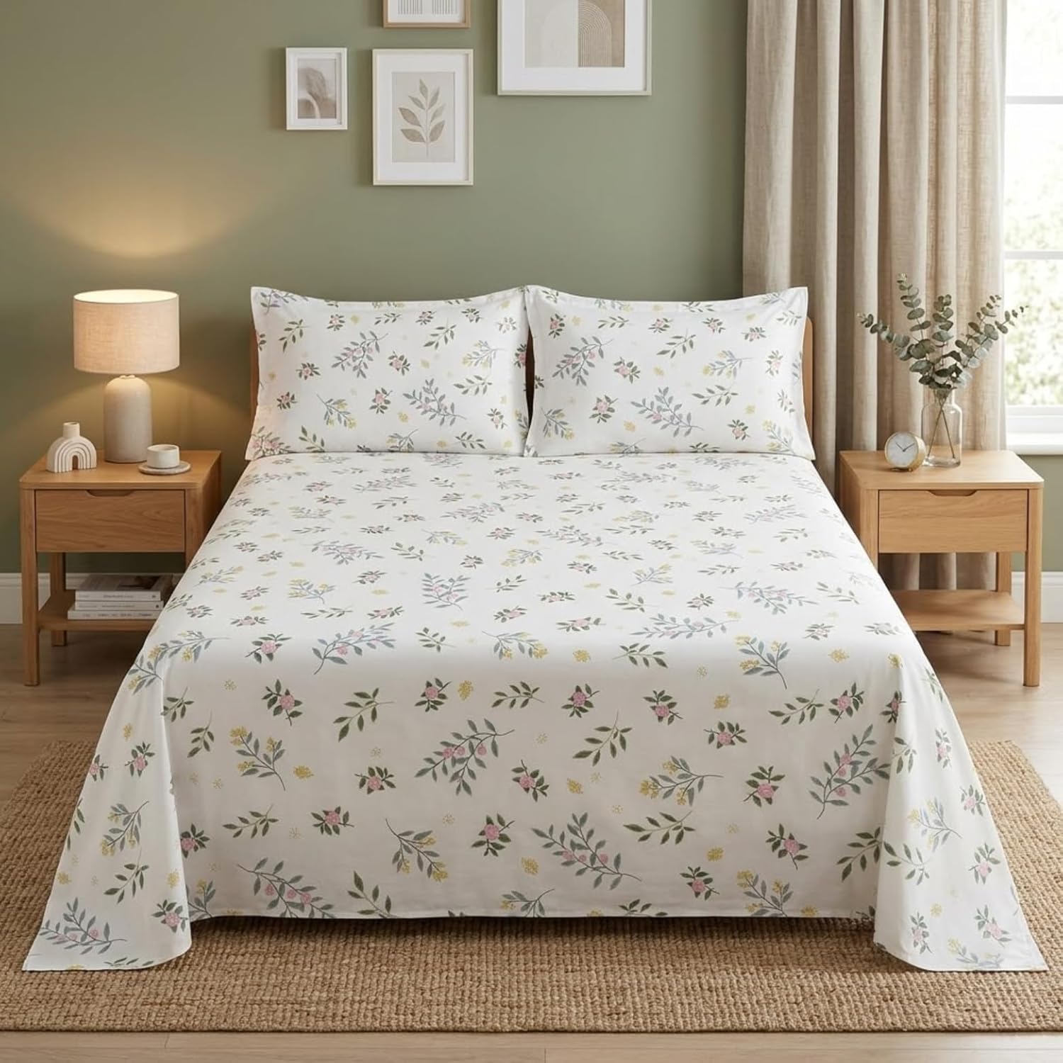 KNOT & TALES Double Bedsheet Set (90 x 100 Inches) with 2 Pillow Covers (20 x 30 Inches) | Garden Harmony Pattern | Snow Blossom Floral Printed Bedsheet | Soft Breathable Fabric