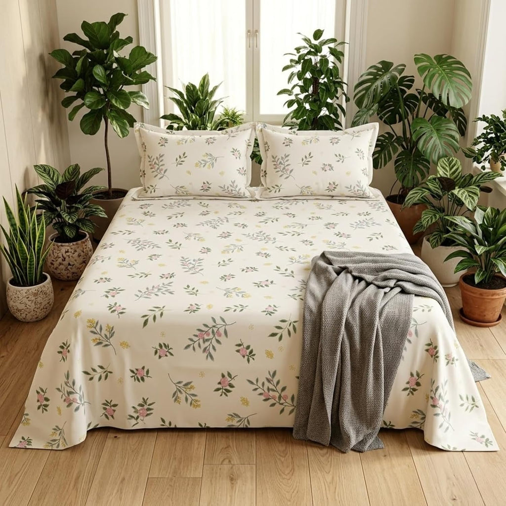 KNOT & TALES Double Bedsheet Set (90 x 100 Inches) with 2 Pillow Covers (20 x 30 Inches) | Garden Harmony Pattern | Snow Blossom Floral Printed Bedsheet | Soft Breathable Fabric