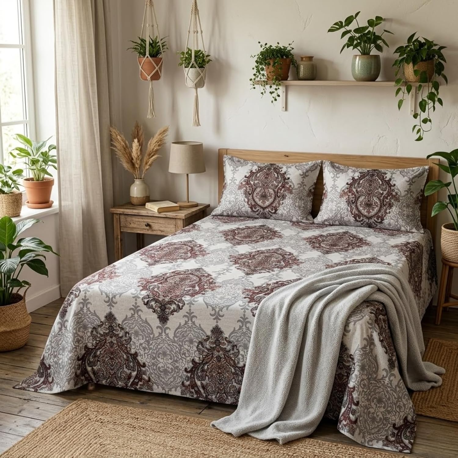 Knot & Tales 100% Pure Cotton Double Bedsheet (90x100 Inch) with 2 Pillow Covers (20x30 Inch) – Soft Breathable Printed Bed Sheet, Sandstone Damask Design