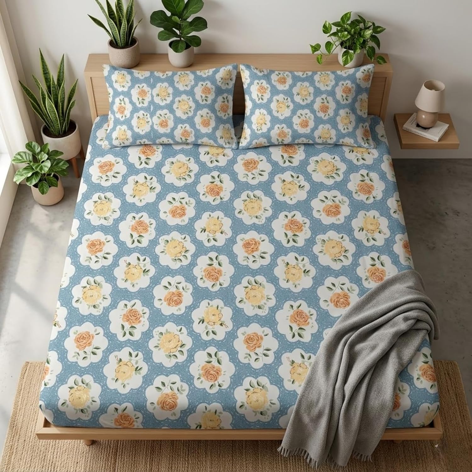 KNOT & TALES 100% Pure Cotton Double Bedsheet King Size (90 x 100 Inch) with 2 Pillow Covers (20 x 30 Inch) | Soft Breathable Fabric | Vintage Floral Print | Powder Blue Ivory
