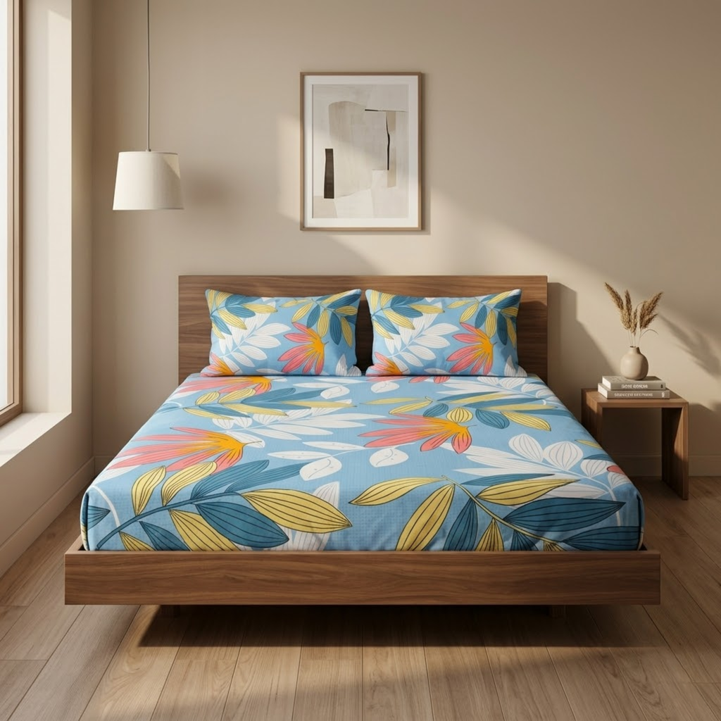 KNOT & TALES Soft Cotton Double Bedsheet Set (90 x 100 Inches) with 2 Pillow Covers (20 x 30 Inches) | Modern Flora Print | Coastal Blue | Soft Breathable Fabric